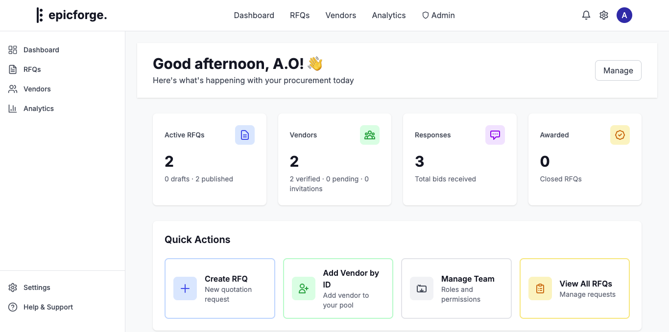 EPICFORGE unified procurement workspace screenshot
